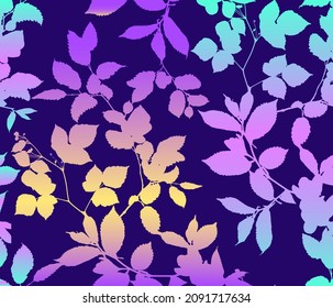 Seamless pattern, background with leaves, plants, branches Colored vector illustration in neon, fluorescent colors on dark background. Gradient sunset floral print.