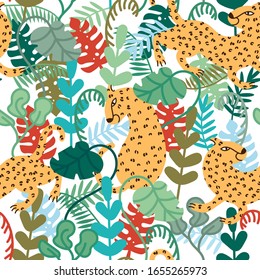 Seamless pattern background with leopards, vector illustration in popular art style