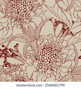 Seamless pattern background with lily, scabiosa flowers illustration, exotic flowers. Exotic tropical line illustration.