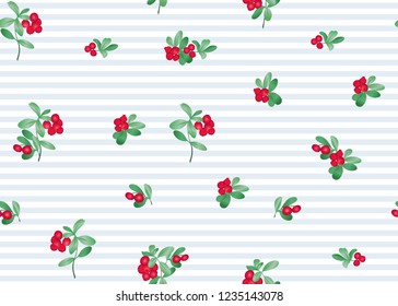 Seamless pattern, background with lingonberries. Colored vector illustration. On blue and white stripes background.
