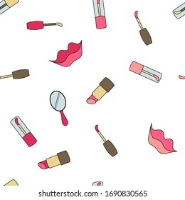 Seamless pattern background with lips. Lipstick and mirror vector illustration. Cosmetic makeup.