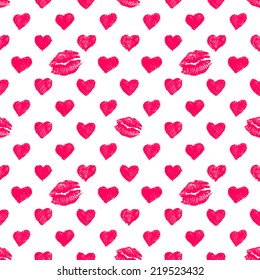 seamless pattern background with lipsticks prints and doodle hearts