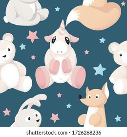 Seamless pattern background with little cute cartoon animal toys and stars. Animal kid characters baby textile design vector childish texture