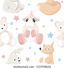 Seamless pattern background with little cute cartoon animal toys and stars. Animal kid characters baby textile design vector childish texture