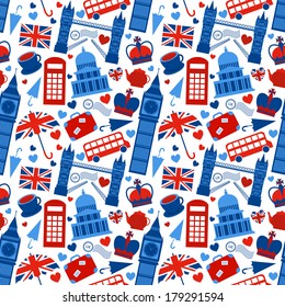 Seamless pattern background with London landmarks and Britain symbols vector illustration