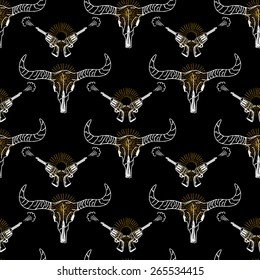 Seamless pattern background longhorn skull and revolver.