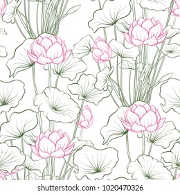 Seamless pattern, background with lotus flower. Botanical illustration style. Stock vector illustration.
