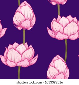 Seamless pattern, background with lotus flower. Botanical illustration style. Stock vector illustration.

