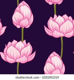 Seamless pattern, background with lotus flower. Botanical illustration style. Stock vector illustration.
