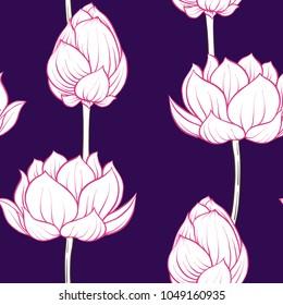 Seamless pattern, background with lotus flower. Botanical illustration style. Stock vector illustration.
