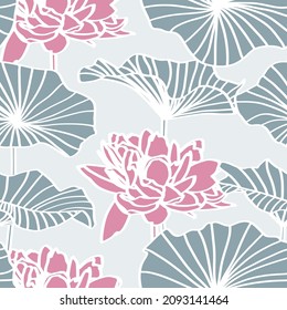 Patrón sin foco, fondo con flor de loto. Estilo de ilustración botánica. Ilustración de línea rosa verde vintage.