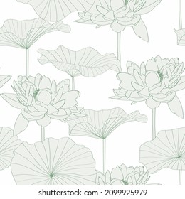 Seamless pattern, background with lotus flower. Botanical illustration style. Green line illustration.