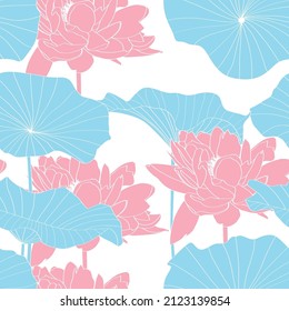 Seamless pattern, background with lotus flower. Botanical illustration style. Line illustration.