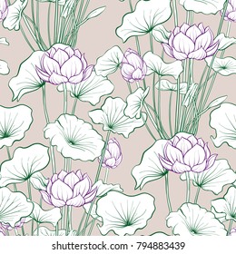 Seamless pattern, background with lotus flower. Botanical illustration style. Stock vector illustration.
