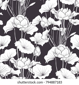 Seamless pattern, background with lotus flower. Botanical illustration style. Stock vector illustration.