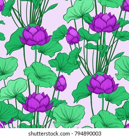 Seamless pattern, background with lotus flower. Botanical illustration style. Stock vector illustration.