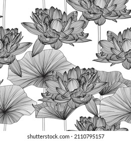 Patrón sin foco, fondo con flores de loto y hojas. Estilo de ilustración botánica. Ilustración de línea negra.