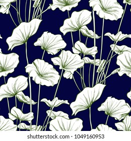 Seamless pattern, background with lotus leaves. Botanical illustration style. Stock vector illustration.
