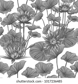 Seamless pattern, background with lotus on white background.   Hand drawn monochrome vector illustration without transparent and gradients.