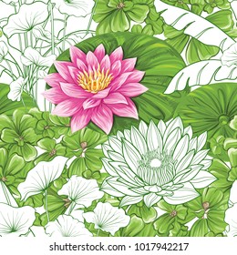 Seamless pattern, background with lotus on white background.    Hand drawn colorful vector illustration without transparent and gradients.