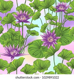 Seamless pattern, background with lotus on vanilla background.    Hand drawn colorful vector illustration without transparent and gradients.