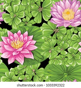 Seamless pattern, background with lotus on black  background.    Hand drawn colorful vector illustration without transparent and gradients.