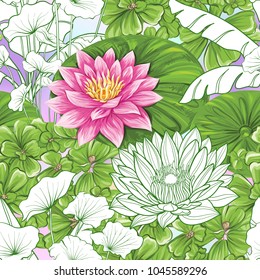 Seamless pattern, background with lotus on vanilla background.    Hand drawn colorful vector illustration without transparent and gradients.