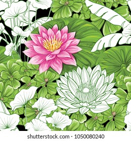 Seamless pattern, background with lotus on b&w stripes  background.    Hand drawn colorful vector illustration without transparent and gradients.