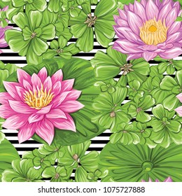 Seamless pattern, background with lotus on b&w stripes  background.    Hand drawn colorful vector illustration without transparent and gradients.