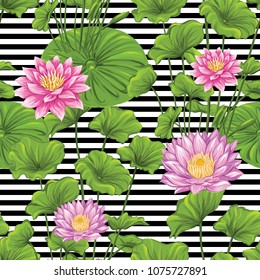 Seamless pattern, background with lotus on b&w stripes  background.    Hand drawn colorful vector illustration without transparent and gradients.