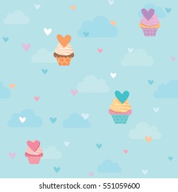 Seamless pattern background with lover cupcakes and raining heart drop from sky for valentine's day