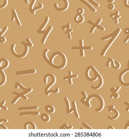 Seamless pattern for background, made up of numbers and mathematical symbols on a brown background