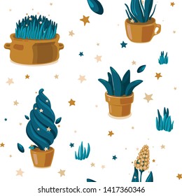 Seamless pattern background with magical gold houseplants and stars. Vector decorative pattern textile design