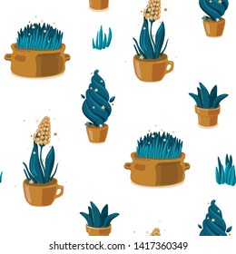 Seamless pattern background with magical gold houseplants and stars. Vector decorative pattern textile design