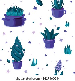 Seamless pattern background with magical purple houseplants and stars. Vector decorative pattern textile design