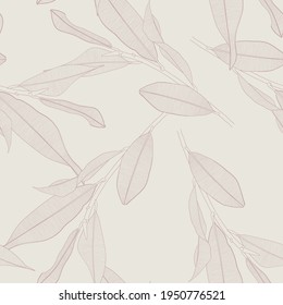 Seamless pattern background with Magnolia branch and leaf drawing illustration. Pastel color line illustration.