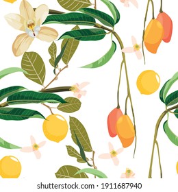 Seamless pattern, background with mango and lemon on white background. Hand drawn colorful  illustration.