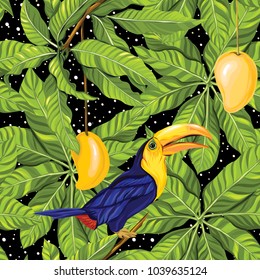 Seamless pattern, background with mango and  toucan on black background.  Hand drawn colorful vector illustration without transparent and gradients.