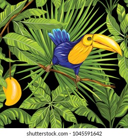 Seamless pattern, background with mango and  toucan on black background.  Hand drawn colorful vector illustration without transparent and gradients.