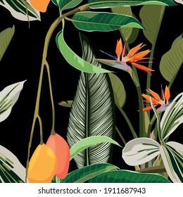 Seamless pattern, background with mango and tropical palm leaves and flower on black background. Hand drawn colorful  illustration.