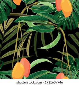 Seamless pattern, background with mango and tropical palm leaves on black background. Hand drawn colorful  illustration.