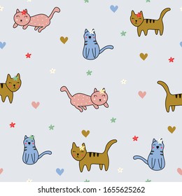 Seamless pattern. Background with many colorful cat, cartoon characters, cute animals Design ideas used for background printing, gift wrapping, baby clothes, textile, Vector illustration.
