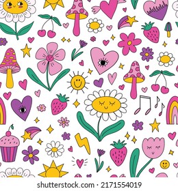 Seamless pattern background and many various different small cute kawaii y2k doodle elements    daisy chamomile flowers  smile face  psychedelic trippy groovy mushrooms  hearts  stars  sun  cherry