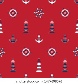 Seamless pattern. Background of marine symbols: anchor, lighthouse, steering wheel. Navy. Vector illustration of nautical elements. Colored web icons for design of wrapping paper and baby clothes.