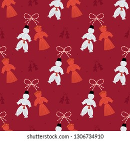 Seamless pattern background with martisor talisman, traditional accessory for holiday of early spring in Romania and Moldova.
