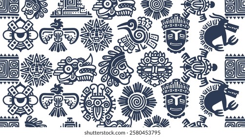 Seamless pattern background with Maya and aztec ornaments for ethnic decoration design with pattern of eagles, suns, warriors and pyramids, turtles, lizards and fishes. Maya pattern, texture, surface.