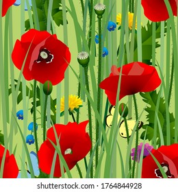 Seamless pattern background with meadow flowers and herbs. Vector illustration