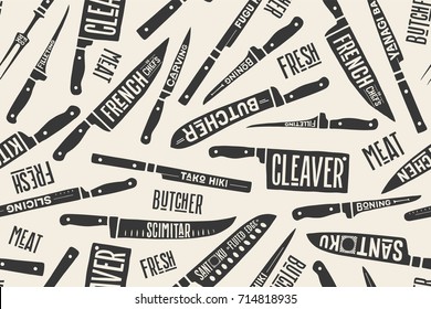 Seamless pattern and background of meat cutting butcher knives. Creative graphic pattern with hand drawn illustrations for butcher shop, farmer market. Vintage typographic. Vector illustration