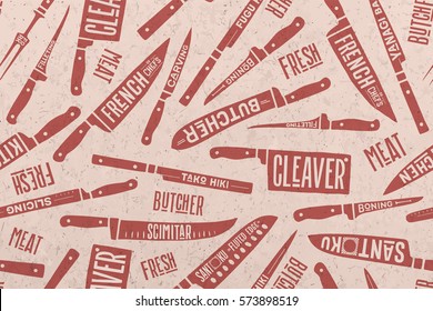 Seamless pattern and background of Meat and Fish cutting knives. Creative graphic pattern with hand drawn illustrations for butcher shop, farmer market. Vintage typographic. Vector illustration