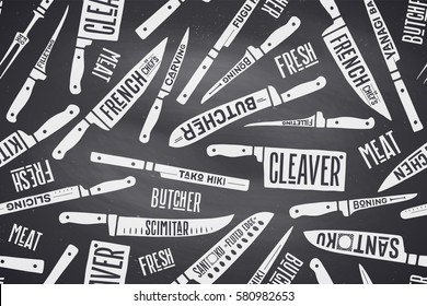 Seamless pattern and background of Meat and Fish cutting knives. Creative graphic pattern with hand drawn illustrations for butcher shop, farmer market. Vintage typographic. Vector illustration